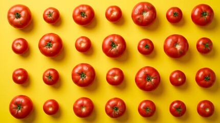 Fototapeta premium Top Down View of Fresh Red Tomatoes Arranged in a Pattern on a Vibrant Yellow Surface