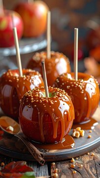Close-up of caramel apples with wooden sticks on wooden board