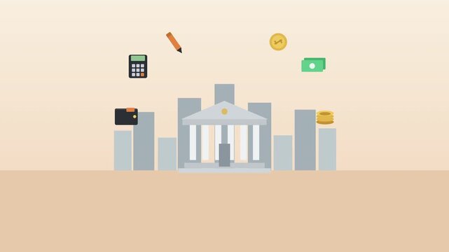 Bank building with tax icons animation for finance