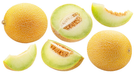 Obraz na płótnie Canvas Collection of galia melon and melon slices with juicy yellow-green flesh isolated on white background. Cut out PNG file.