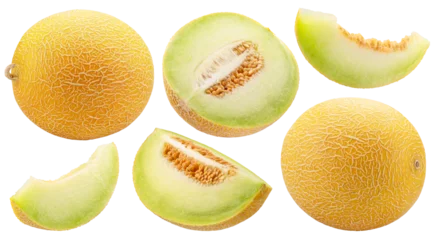 Fototapeten Restaurant Collection of galia melon and melon slices with juicy yellow-green flesh isolated on white background. Cut out PNG file.  © volff