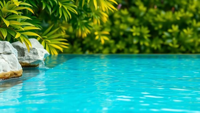 Close up of a swimming pool with clear blue water and a rock feature in a tropical garden