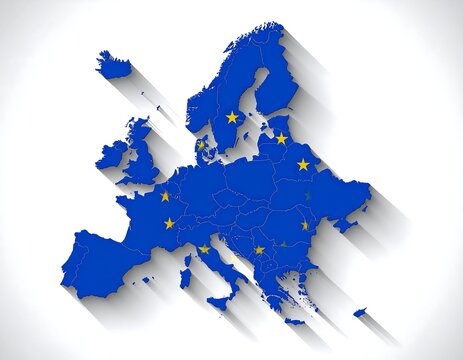 A blue 3D European map with yellow stars on white background