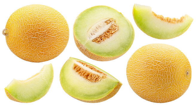 Collection of galia melon and melon slices with juicy yellow-green flesh isolated on white background. Cut out PNG file.