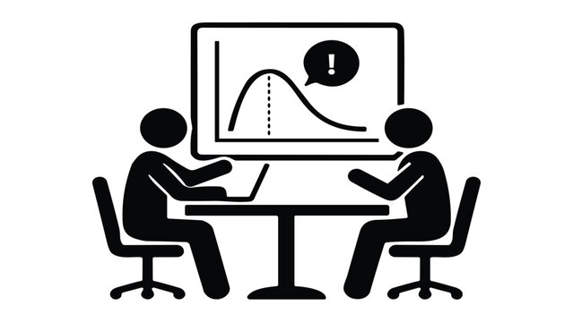 Two colleagues discussing project planning, performance evaluation, and normal distribution graph in a meeting.