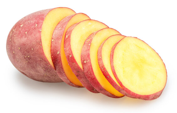 A row of raw red potato slices isolated on a white background. Clipping path. Organic food
