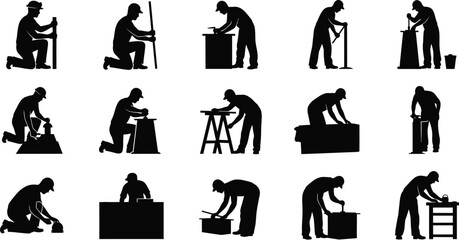 Obraz premium Industrial worker silhouette collection performing construction maintenance and manual labor black vector illustration isolated on white background design set