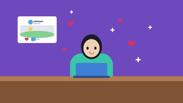 Woman using laptop and social media technology with hearts and stars