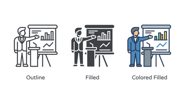 Three business presentation styles with charts on flip chart stands
