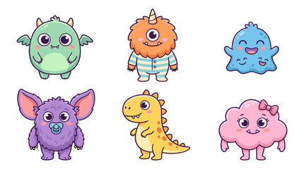Obraz premium Set of cute cartoon monster and creature characters on white