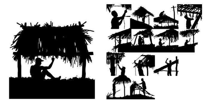 Man Tying A Thatch Roof In Place Silhouette