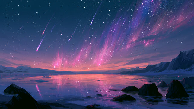 Stardust Aurora: A fantastical meteor shower reflected on the water's surface and the glow of the sky. Stock Illustration