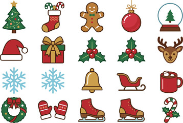 Fototapeta premium Christmas holiday icon collection featuring Santa hat, Christmas tree, gingerbread cookie, wreath, sleigh, reindeer, snowflakes, and festive winter decorations