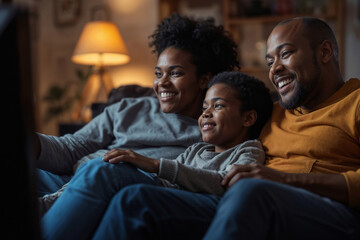 Fototapeta premium African-American family with child relaxing on couch watching TV together in the evening