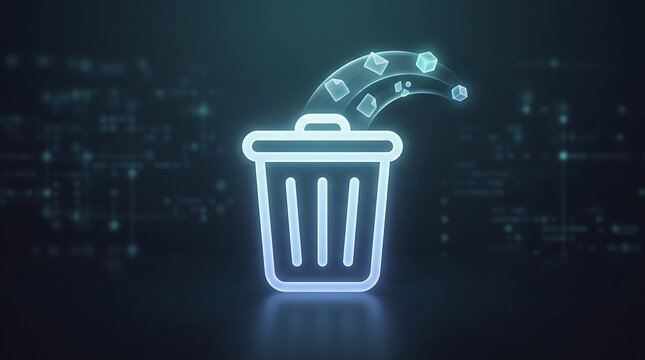Glowing neon trash can with digital file symbols floating into it against a dark blue background, representing data removal, and system cleanup