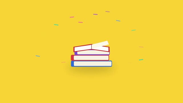 Animated stack of books on a yellow background with colorful confetti