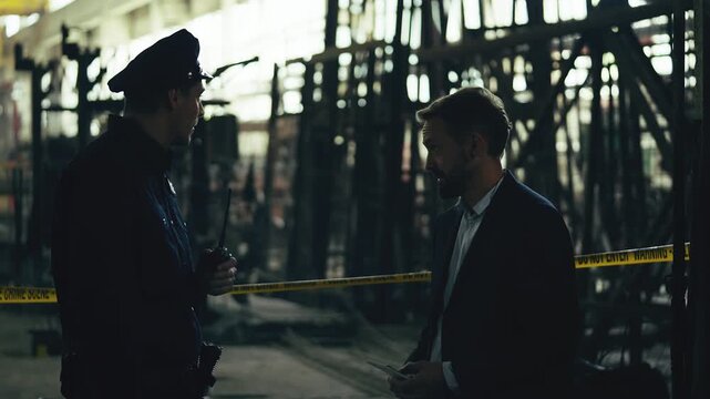 Detective and police officer discussing investigation at factory crime scene