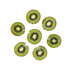 Fototapeta premium Fresh slices of vibrant green kiwi colliding with crystal clear water splashes in a bright minimalist studio setting, refreshing summer vitality atmosphere