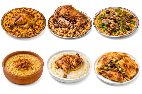 Saudi Arabian Traditional Food Collection - 6 Classic Dishes on White Background