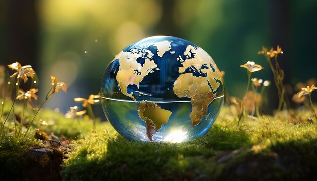 glass sphere on the grass glass globe with etched continents rests on mossy ground with small gold stars scattered around eu corporate sustainability reporting directive csrd representing global ec
