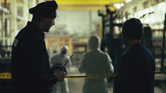 Police officer and detective discussing murder case at industrial crime scene