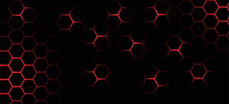 Dark gray and red horizontal hexagonal technology abstract vector background. red bright energy flashes under hexagon in futuristic modern technology wide banner. Dark gray honeycomb texture grid.