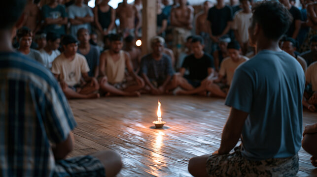 Candlelit Balinese Kecak fire dance rehearsal in a community hall, performers in street clothes chanting in concentric rings around a single oil lamp, raw and intimate