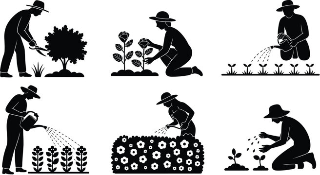 Farmer gardening silhouette collection planting watering harvesting crops black vector illustration isolated on white background for agriculture design set