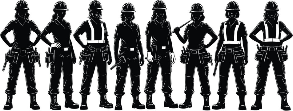 Female Construction Worker Silhouette Collection Featuring Professional Tradeswomen Industrial Labor Engineering Workforce Vector Illustration Isolated Black Design Set