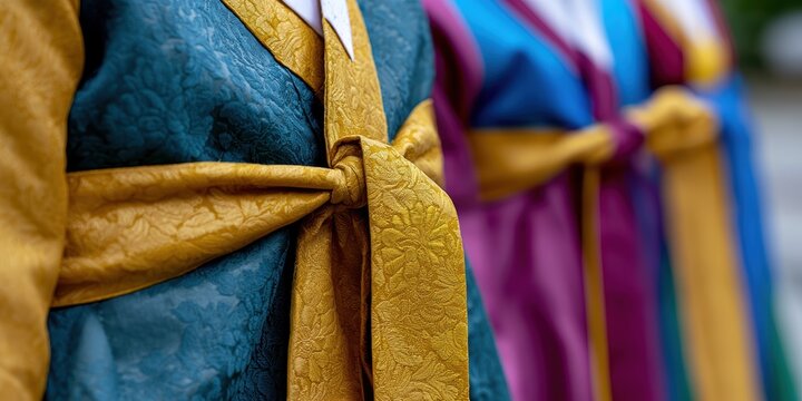 korean traditional wear, detailed silk embroidery on vibrant korean hanbok shines in high-quality close-up shot, capturing premium aesthetic with cinematic lighting