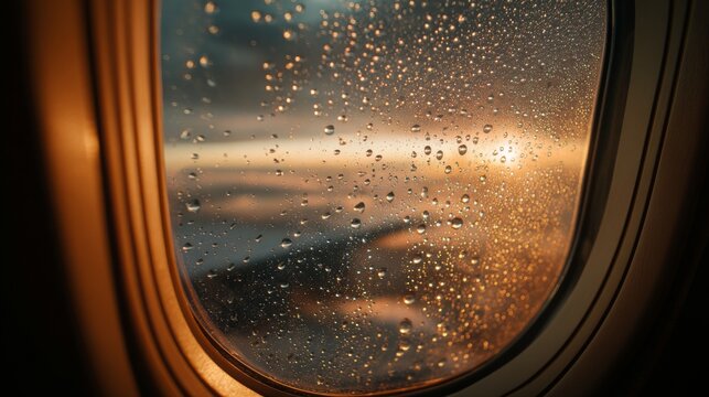 A view from an airplane window, showcasing raindrops, an outspread wing, and a vibrant sunset