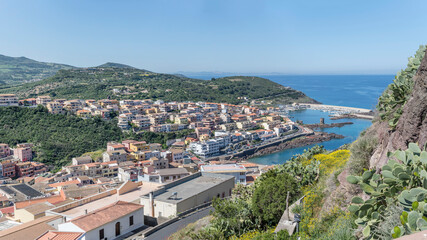 Naklejka premium leisure harbor and Castelsardo village aerial, Italy