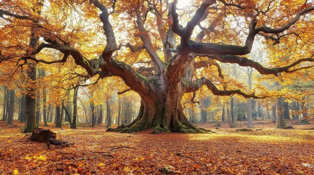 Majestic ancient oak tree with golden autumn foliage in a sun-dappled forest floor covered in leaves