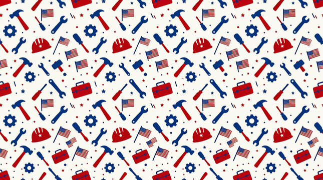 Patriotic Labor Day Seamless Pattern with Work Tools Construction Hard Hats and American Flags