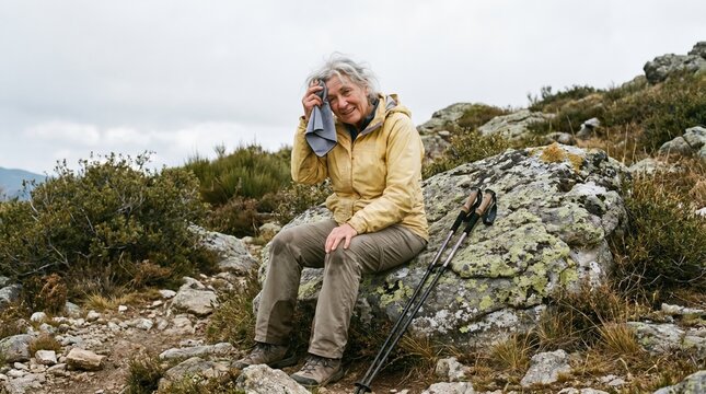 Senior woman hiker sitting on rock and wiping forehead with towel during mountain trek for active aging and outdoor adventure fitness