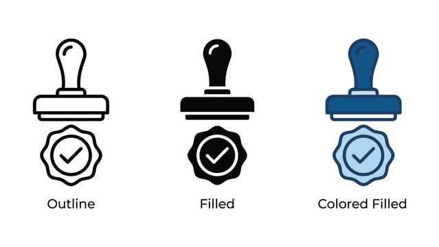 Three different stamp icons with checkmark seal designs in outline filled and colored styles
