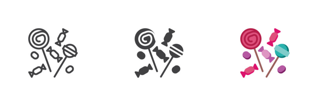 Lollipops candy icon with swirl suckers and small sweets in line, solid and flat colorful icon styles. Color vector sign and symbol for party, dessert.