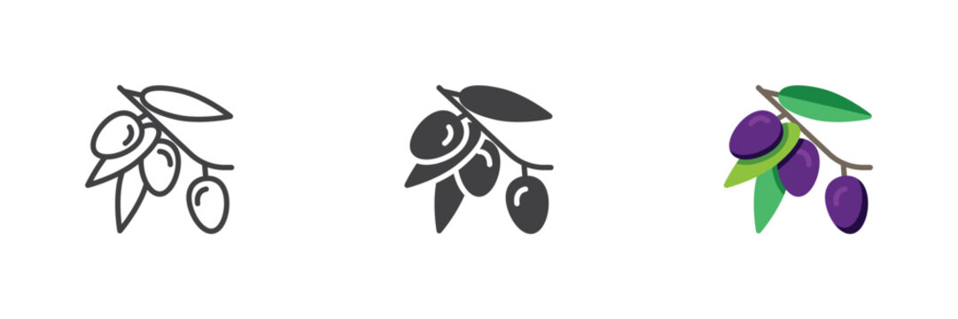 Olive branch icon with olives, leaves and twig in line, solid and flat colorful icon styles. Color vector sign and symbol for oil, fruit, harvest.