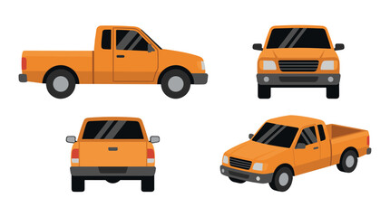 Fototapeta premium Orange pickup truck vector set with multiple vehicle views