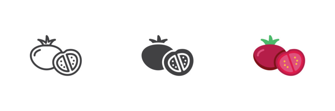 Tomatoes icon with one whole tomato and a cut half in line, solid and flat colorful icon styles. Color vector sign and symbol for vegetable food.