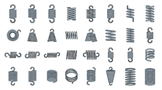 Set of metal coil spring icons in different shapes and sizes