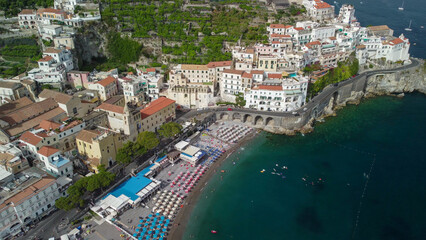 Obraz premium Aerial drone view of Amalfi coastline on beautiful sunny summer day in Italy