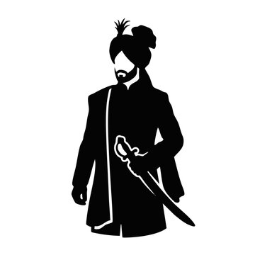 Indian groom in traditional wedding attire. Sherwani and turban silhouette vector illustration. South Asian marriage graphic