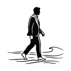 Fototapeta premium Groom walking barefoot on the beach. Destination wedding vector illustration. Silhouette of man in suit on seashore isolated on transparent background