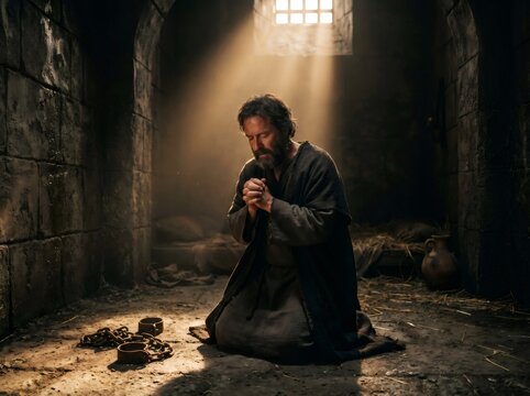 King Manasseh praying humbly for forgiveness in prison