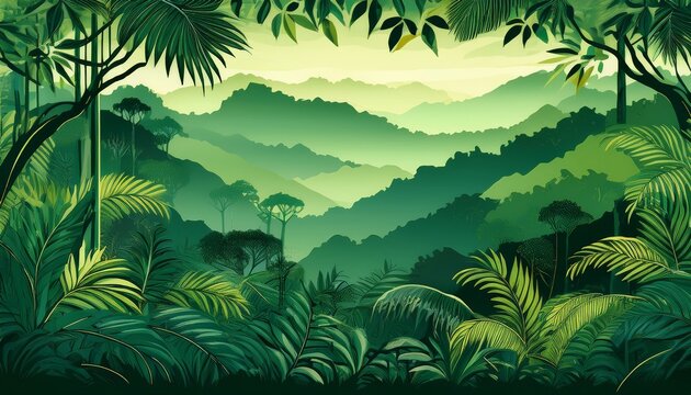 Jungle Landscape Layered Background With Rainforest Parallax Effect Horizontal Green Panoramic Backdrop With Lianas Palms Trees And Bushes