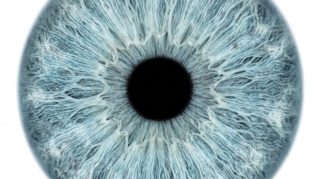 Macro detail of a light blue human iris with intricate fibrous patterns surrounding a black pupil. High resolution ocular texture for medical and biometric security visuals.