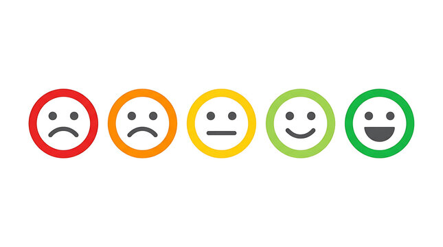 Five happy and sad face emoji expressions