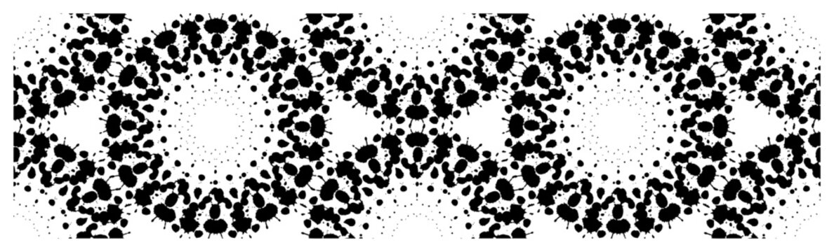 Abstract circular mandala pattern with halftone dots and ink splashes in decorative style