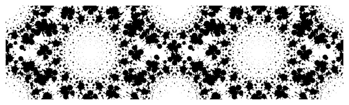 Ink splash mandala patterns with grunge halftone dots in abstract decorative style